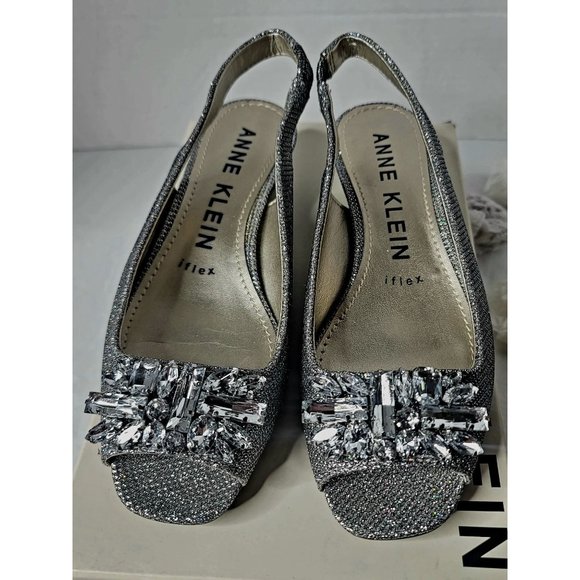Anne Klein Shoes - Anne Klein Women's Size 6 Metallic Silver Helissa Embellished Slingback Sandals
